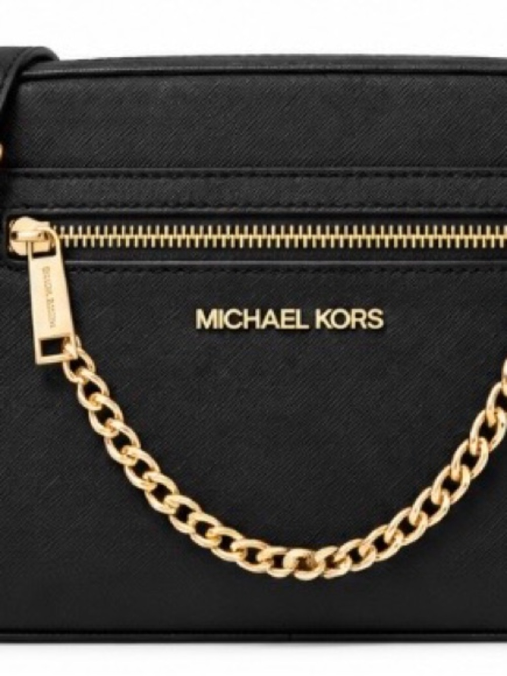 MICHAEL KORS Black Saffiano Leather Crossbody with Gold Chain